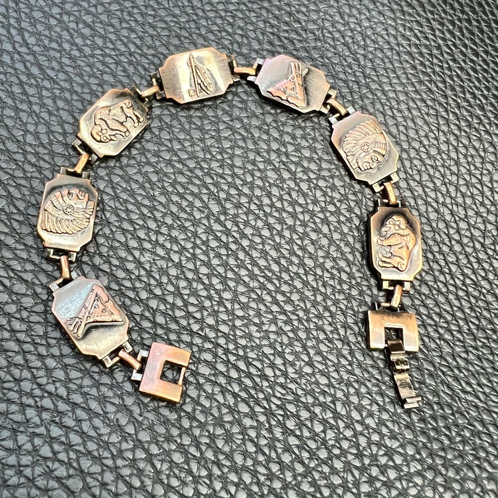 Vintage Native American Brass Copper Panel Bracelet Teepee Buffalo Feather 8"